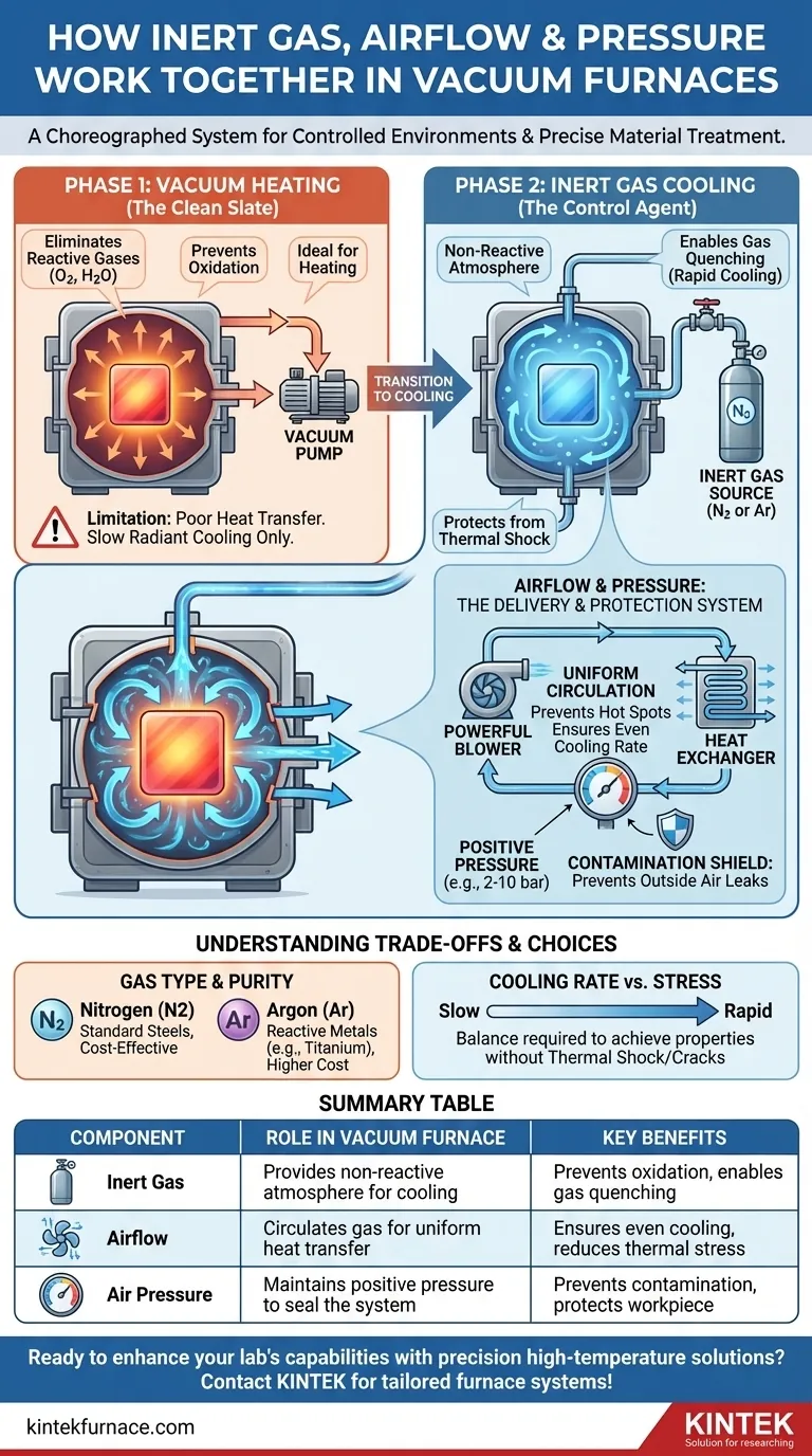 Como a tecnologia de gás inerte, o fluxo de ar e a pressão do ar funcionam em conjunto em fornos a vácuo? Otimize Seu Processo de Tratamento Térmico Guia Visual