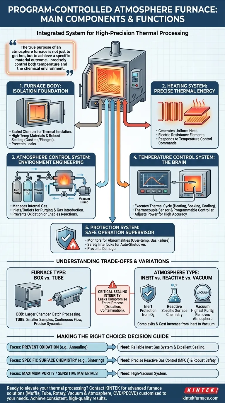 Quais são os principais componentes de um forno de atmosfera controlada por programa? Desbloqueie a Precisão no Processamento Térmico Guia Visual