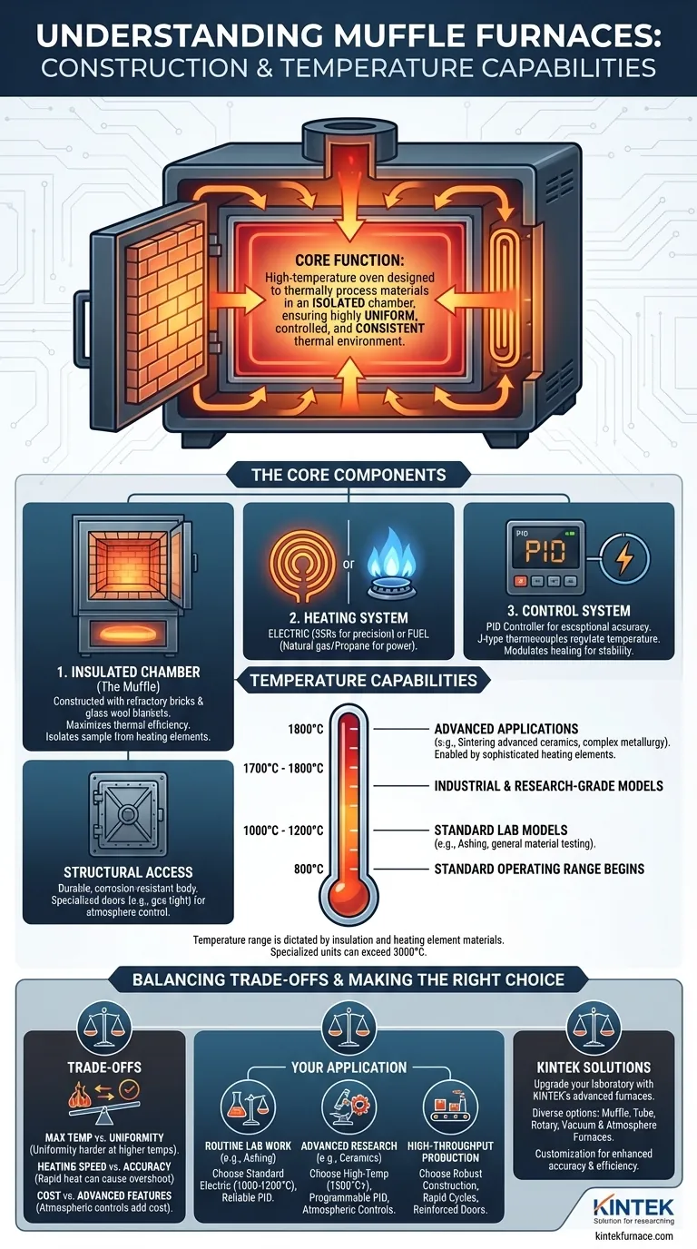 What are the construction features and temperature capabilities of a muffle furnace? Key Insights for Your Lab Visual Guide
