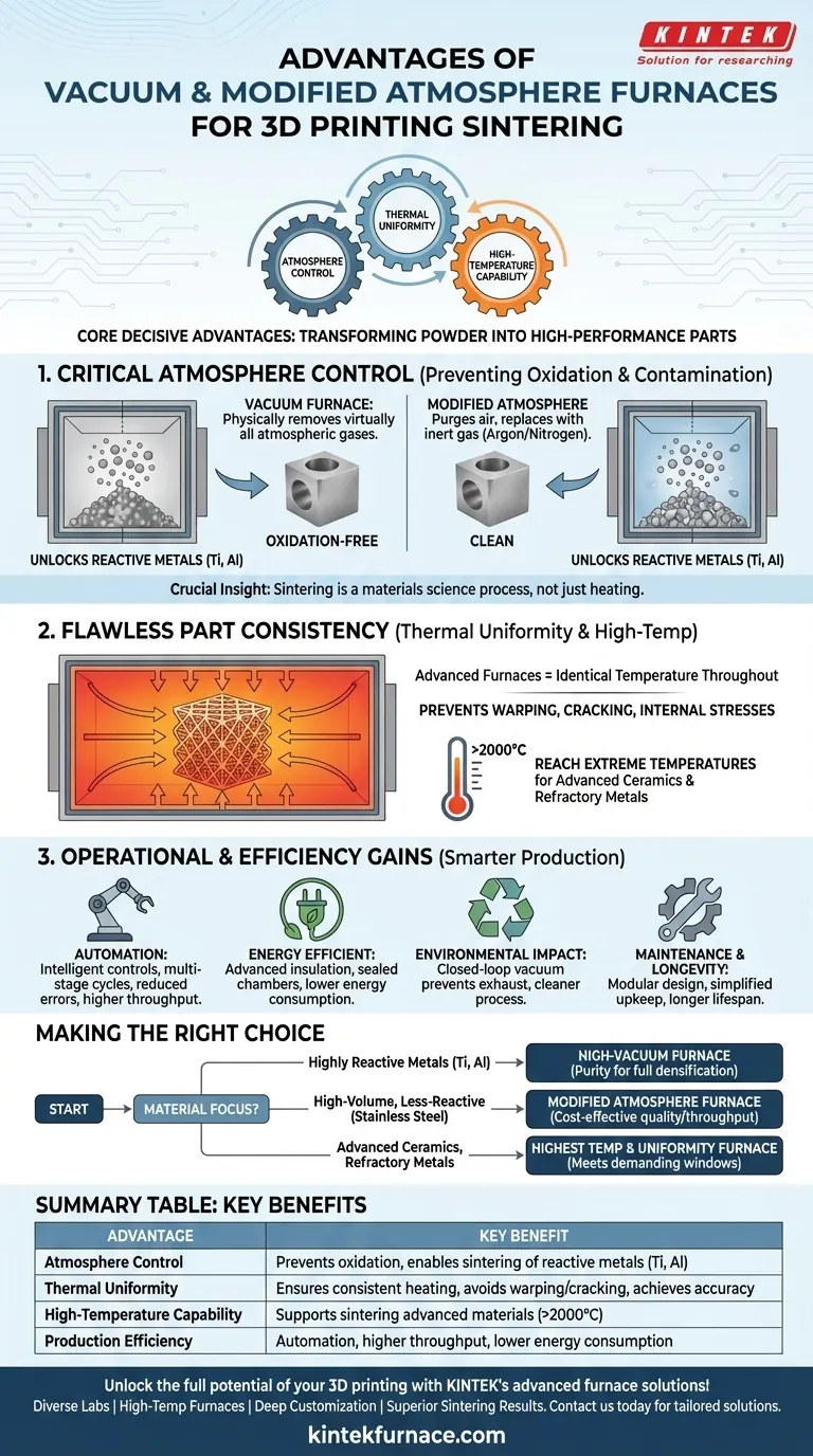 Quais vantagens os fornos a vácuo e de atmosfera modificada oferecem para a sinterização em impressão 3D? Alcance Peças Densas e de Alto Desempenho Guia Visual