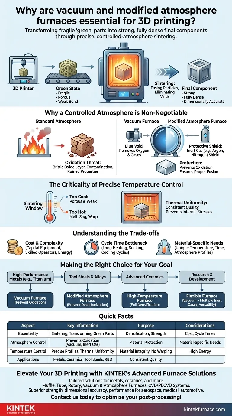 Why are vacuum and modified atmosphere furnaces essential for 3D printing? Unlock Dense, Strong Parts with Controlled Sintering Visual Guide