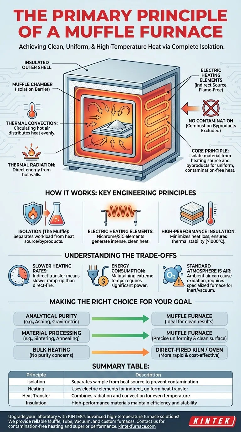What is the primary principle of a muffle furnace? Achieve Clean, Contamination-Free Heating for Your Materials Visual Guide