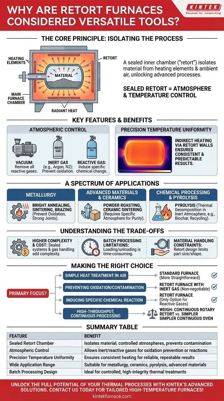 Por que os fornos de retorta são considerados ferramentas versáteis? Desbloqueie um Controle Preciso de Processamento Térmico Guia Visual