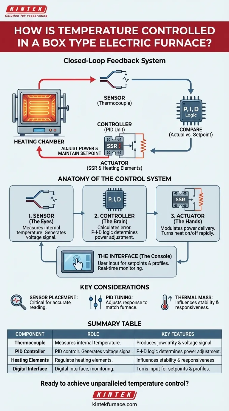 Como a temperatura é controlada em um forno elétrico tipo caixa? Domine a Regulação Precisa de Calor para o Seu Laboratório Guia Visual