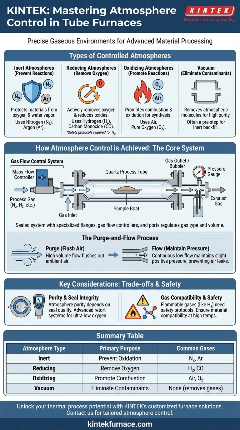 Che tipi di atmosfere possono essere controllate in un forno a tubo a atmosfera? Padroneggiare ambienti gassosi precisi per la lavorazione dei materiali Guida Visiva