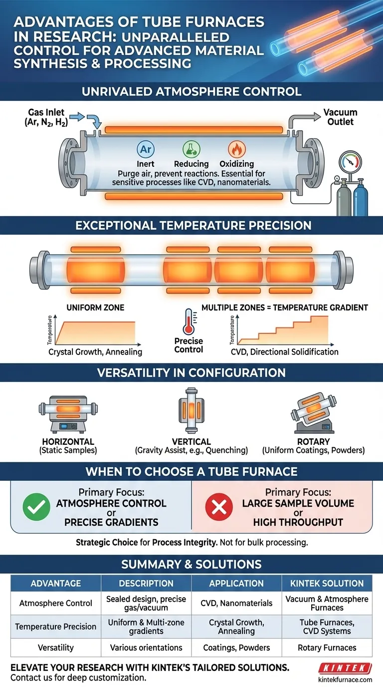 What advantages do tube furnaces offer for research applications? Unlock Precision in Atmosphere and Temperature Control Visual Guide