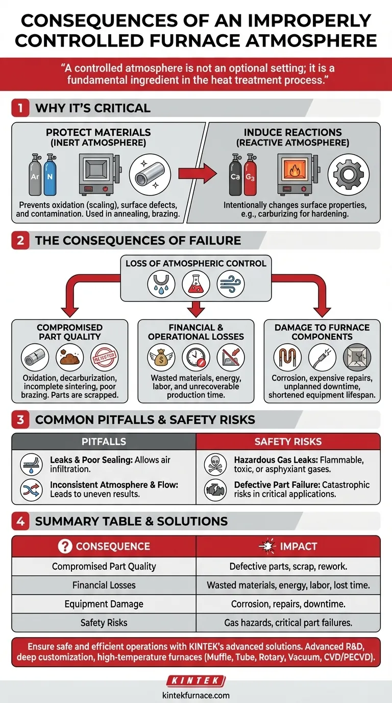 Quais são as consequências de uma atmosfera de forno indevidamente controlada? Evite Defeitos Caros e Riscos de Segurança Guia Visual