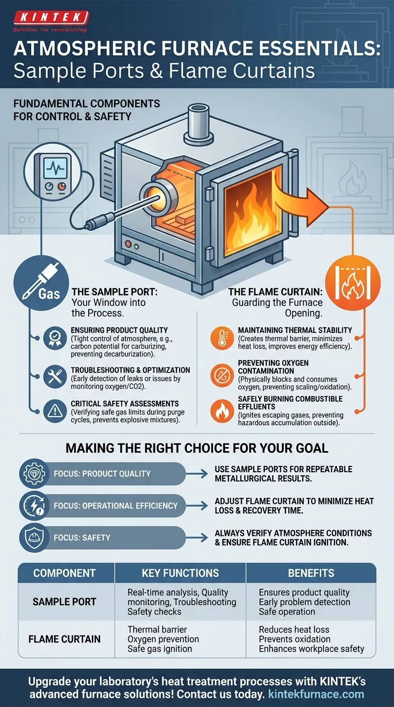 Welche Funktionen haben Probenahmestutzen und Flammvorhänge in atmosphärischen Öfen? Gewährleistung von Kontrolle und Sicherheit bei der Wärmebehandlung Visuelle Anleitung