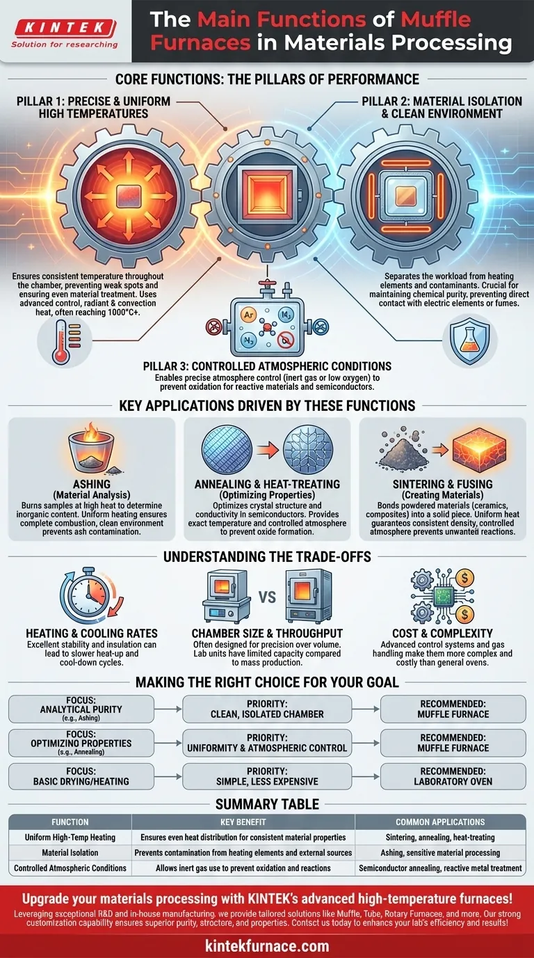 Quais são as principais funções dos fornos mufla no processamento de materiais? Obtenha Controle Térmico Preciso e Limpo para o seu Laboratório Guia Visual