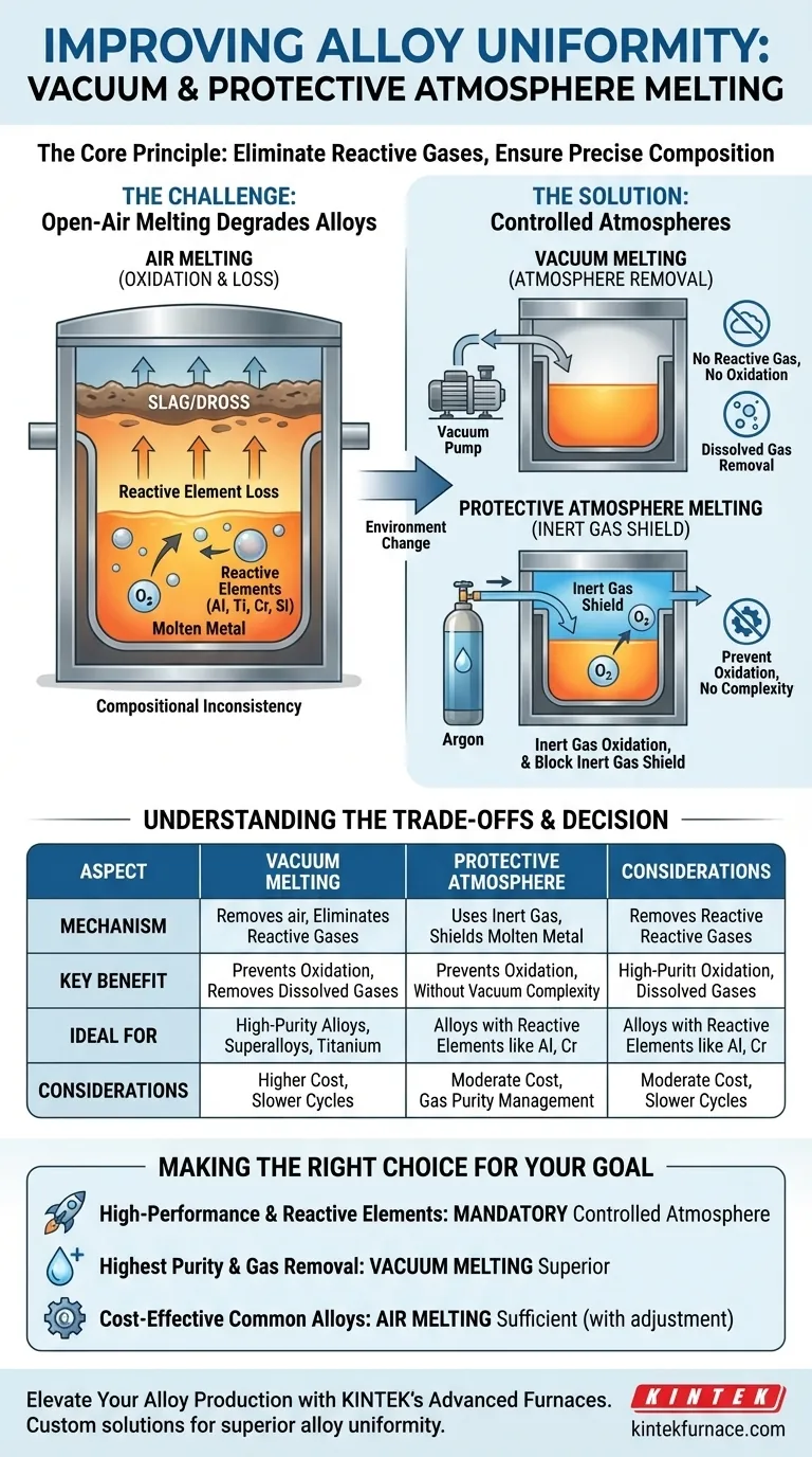 How does vacuum or protective atmosphere melting improve alloy composition uniformity? Achieve Precise Alloy Chemistry Control Visual Guide