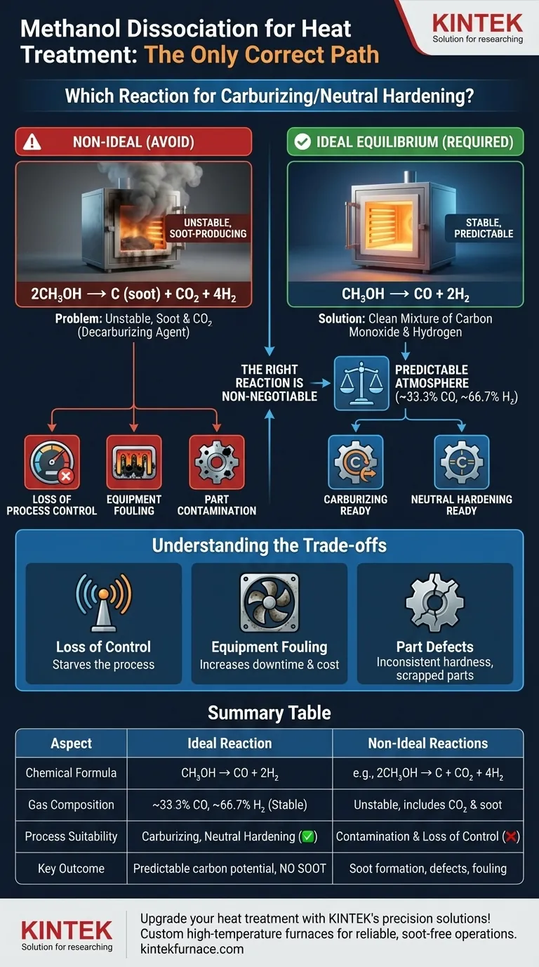 Which methanol dissociation reaction is appropriate for carburizing or neutral hardening? Ensure Clean, Controlled Heat Treatment Visual Guide