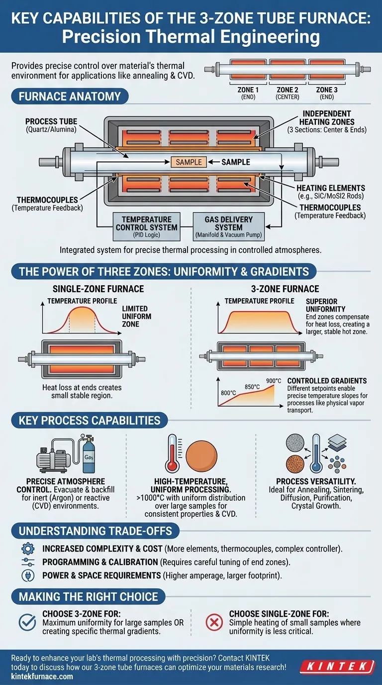 What are the key capabilities of the 3-Zone tube furnace? Achieve Precise Thermal Control for Your Lab Visual Guide