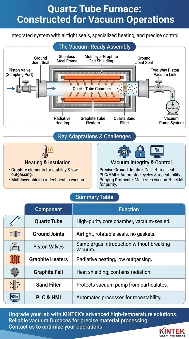 How is the quartz tube furnace constructed for vacuum operations? Discover Key Design Elements for High-Temperature Vacuum Processing Visual Guide