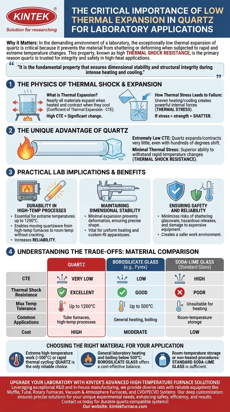 Why is the low thermal expansion of quartz important for laboratory applications? Ensure Safety and Precision in High-Heat Experiments Visual Guide