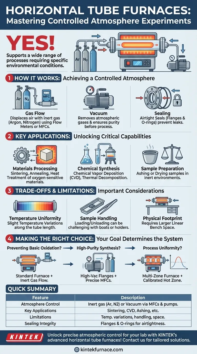 Fornos tubulares horizontais suportam experimentos com atmosfera controlada? Desbloqueie o processamento preciso de materiais Guia Visual