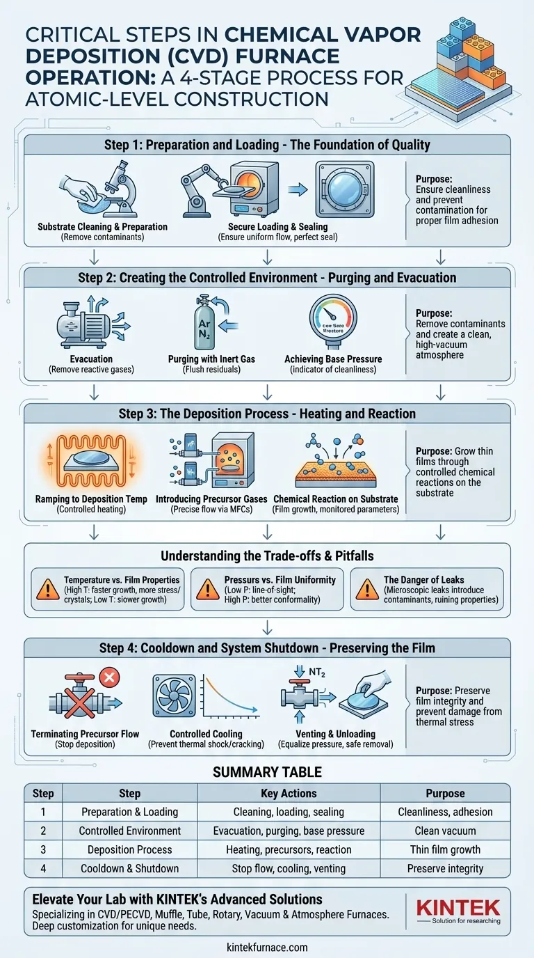 ما هي الخطوات الحاسمة في تشغيل فرن الترسيب الكيميائي للبخار؟ إتقان نمو الأغشية الرقيقة بدقة دليل مرئي