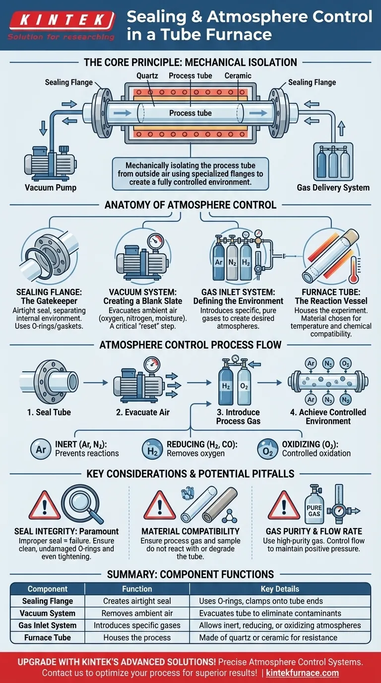 How is sealing and atmosphere control achieved in a tube furnace? Master Precise Gas Environments for Your Lab Visual Guide