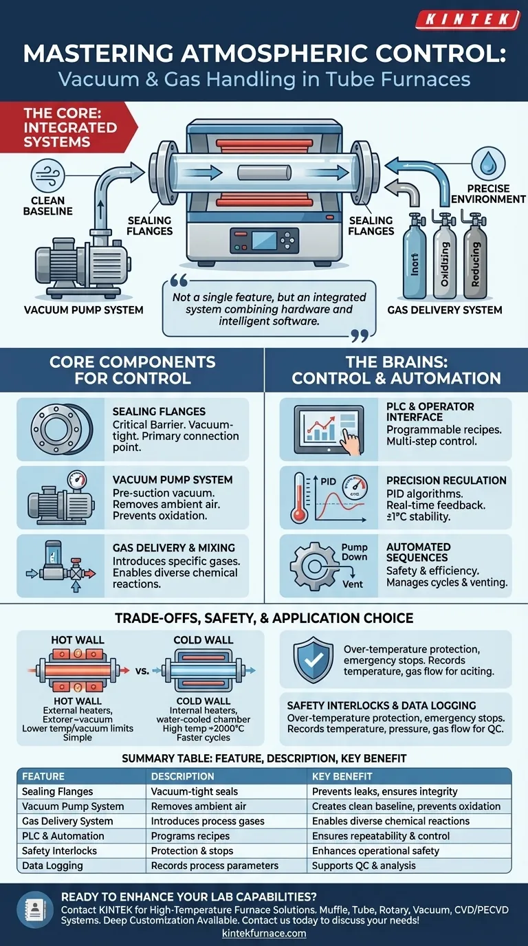Quali caratteristiche consentono la gestione del vuoto e dei gas in un forno tubolare? Sblocca un controllo atmosferico preciso per il tuo laboratorio Guida Visiva