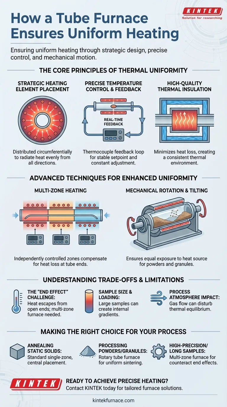 Как трубчатая печь обеспечивает равномерный нагрев? Освойте точный контроль температуры для вашей лаборатории Визуальное руководство
