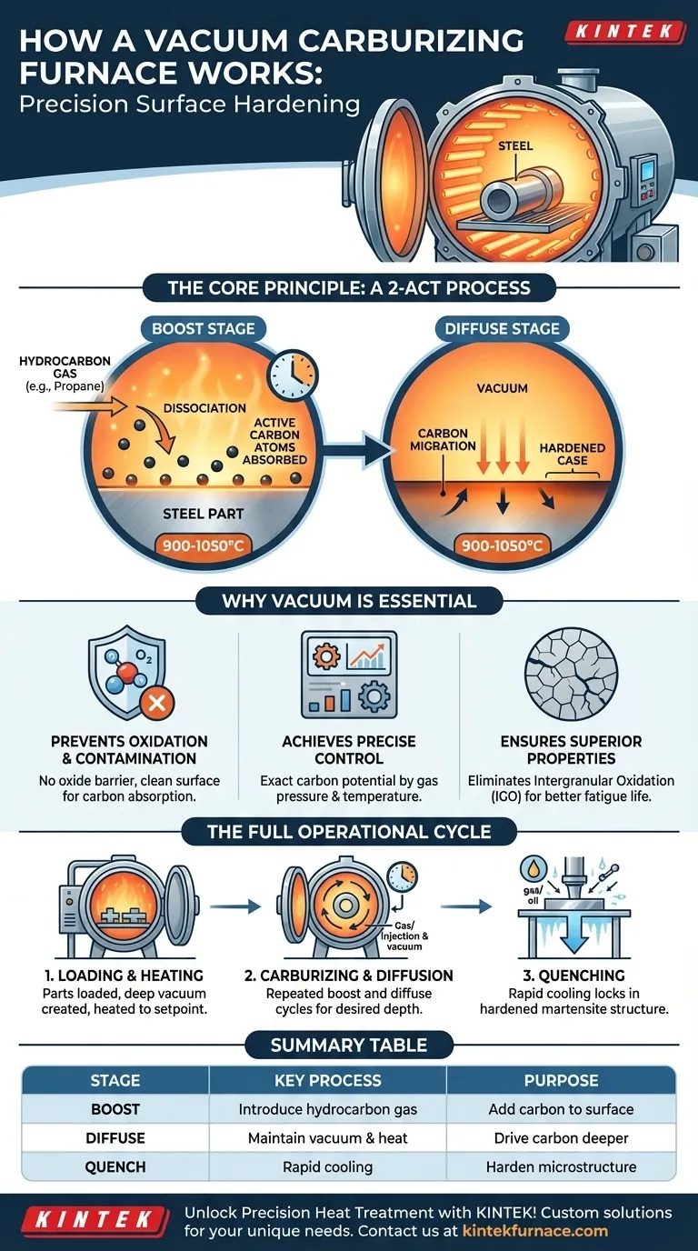 Qual é o princípio de funcionamento de um forno de cementação a vácuo? Obtenha um endurecimento superficial superior para peças de aço Guia Visual