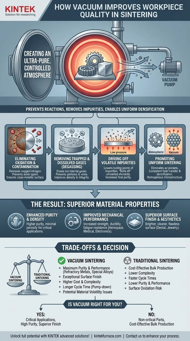 How does vacuum improve workpiece quality in a vacuum sintering furnace? Achieve Superior Purity and Performance Visual Guide
