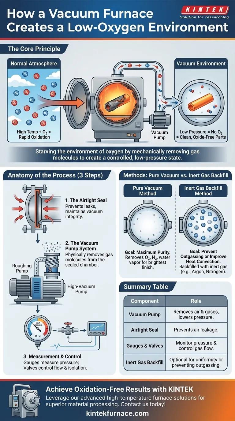 Cosa crea l'ambiente a basso contenuto di ossigeno in un forno a vuoto? Scopri la chiave per un trattamento termico senza ossidazione Guida Visiva