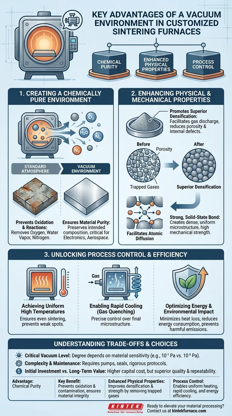 What are the key advantages of a vacuum environment in customized vacuum sintering furnaces? Achieve Purity, Strength, and Control Visual Guide