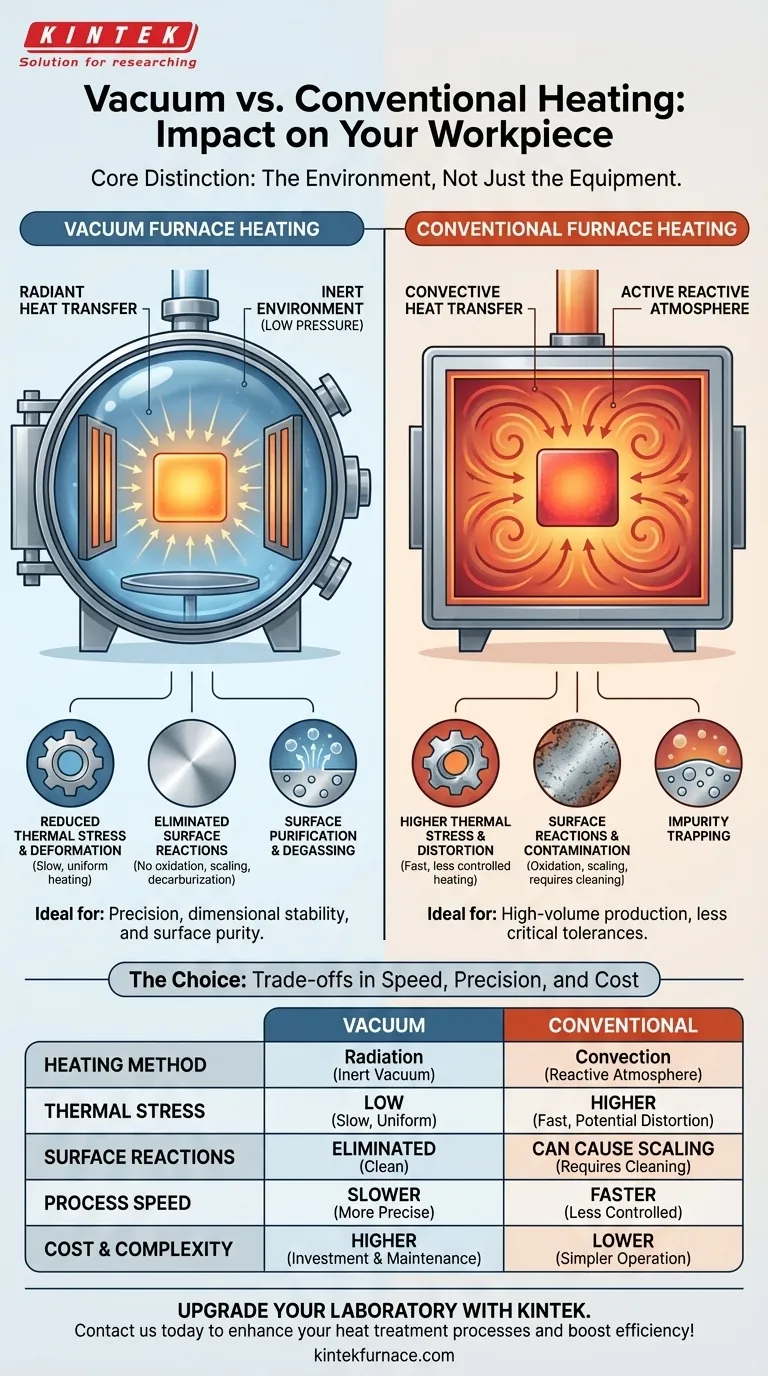 Como o aquecimento em um forno de tratamento térmico a vácuo afeta a peça em comparação com o aquecimento convencional? Descubra os Benefícios para o Seu Laboratório Guia Visual