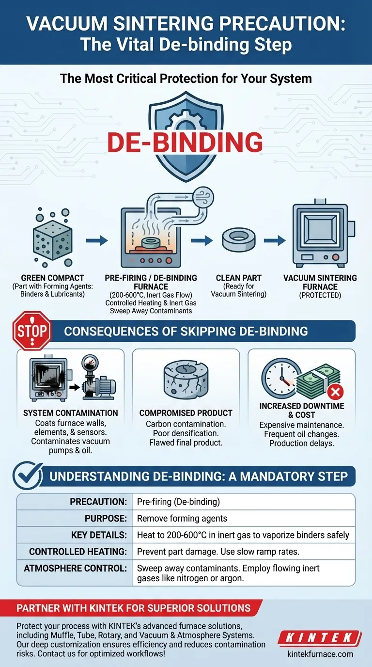Que precaução deve ser tomada antes da sinterização a vácuo para proteger o sistema de vácuo? Garanta o Sucesso com a Desaglomeração Adequada Guia Visual