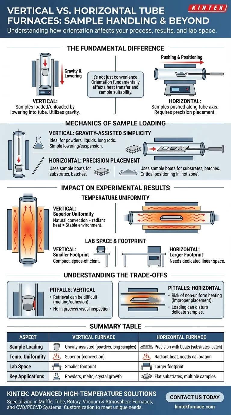 Wie unterscheidet sich die Probenhandhabung zwischen vertikalen und horizontalen Rohröfen? Wählen Sie den richtigen Ofen für Ihr Labor Visuelle Anleitung