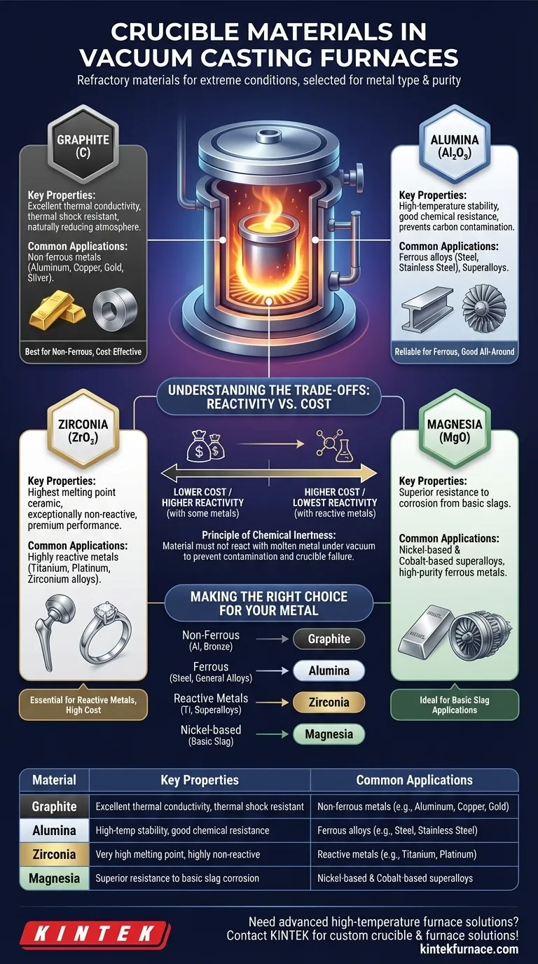 De que materiais são tipicamente feitos os cadinhos em fornos de fundição a vácuo? Escolha o Material Certo para Fundições de Alta Pureza Guia Visual