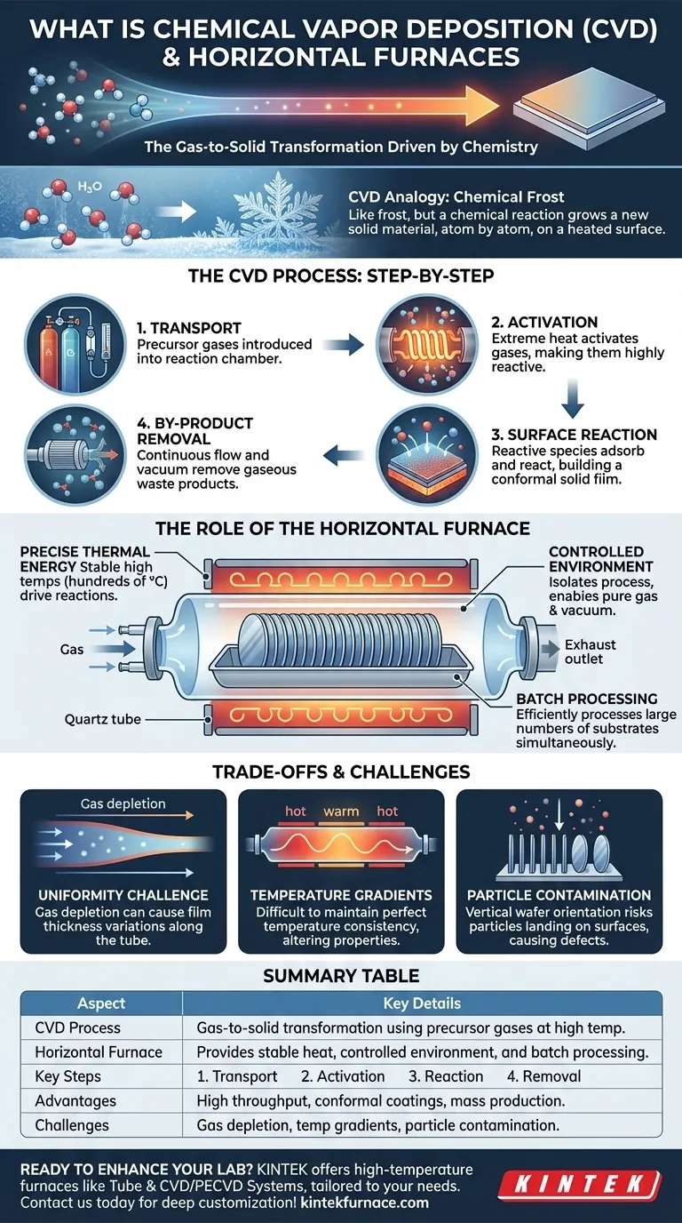 ¿Qué es la deposición química de vapor (CVD) y cómo facilitan los hornos horizontales su proceso? Desbloquee películas delgadas de alta pureza Guía Visual