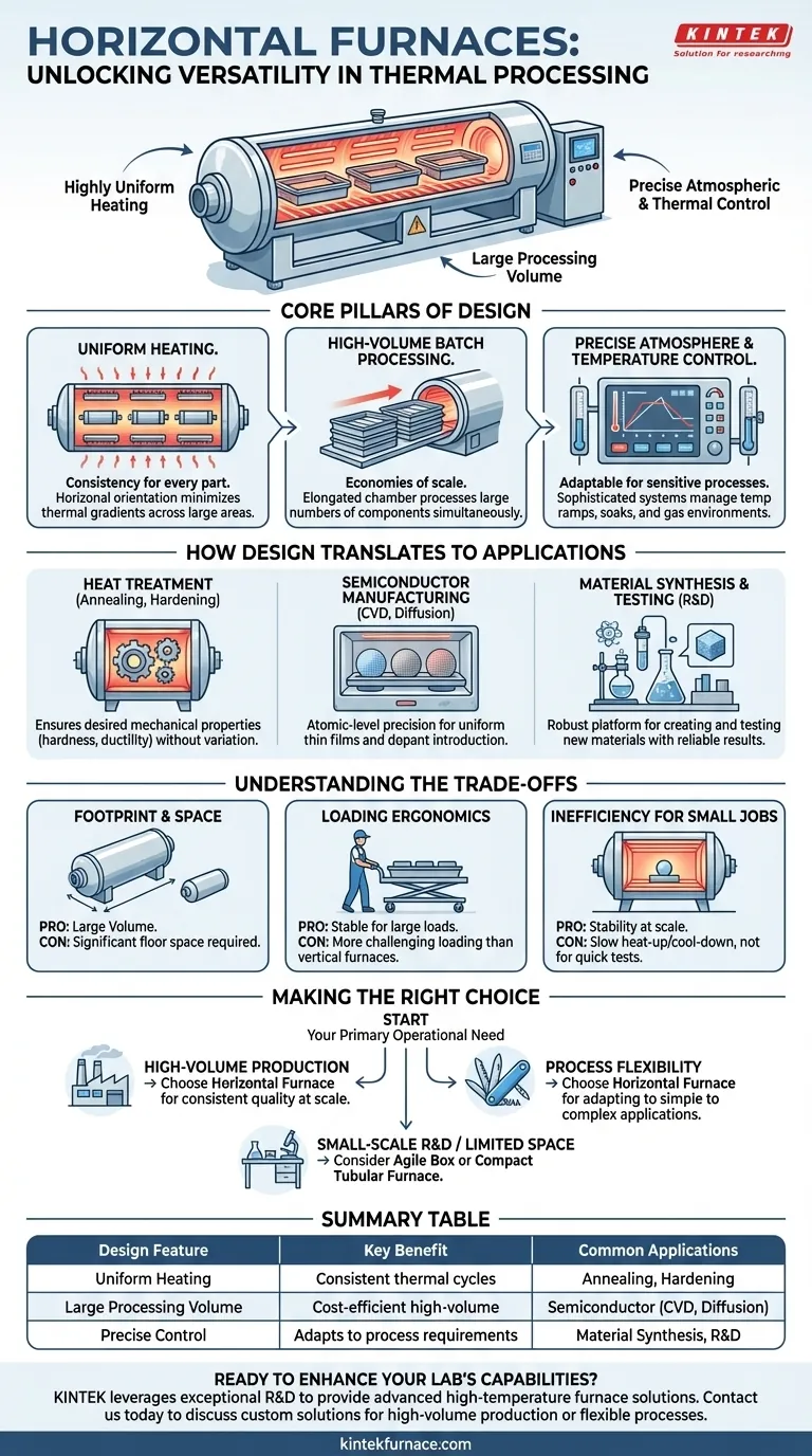 ما هي ميزات التصميم التي تجعل الأفران الأفقية متعددة الاستخدامات؟ تحقيق معالجة حرارية موحدة وعالية الحجم دليل مرئي