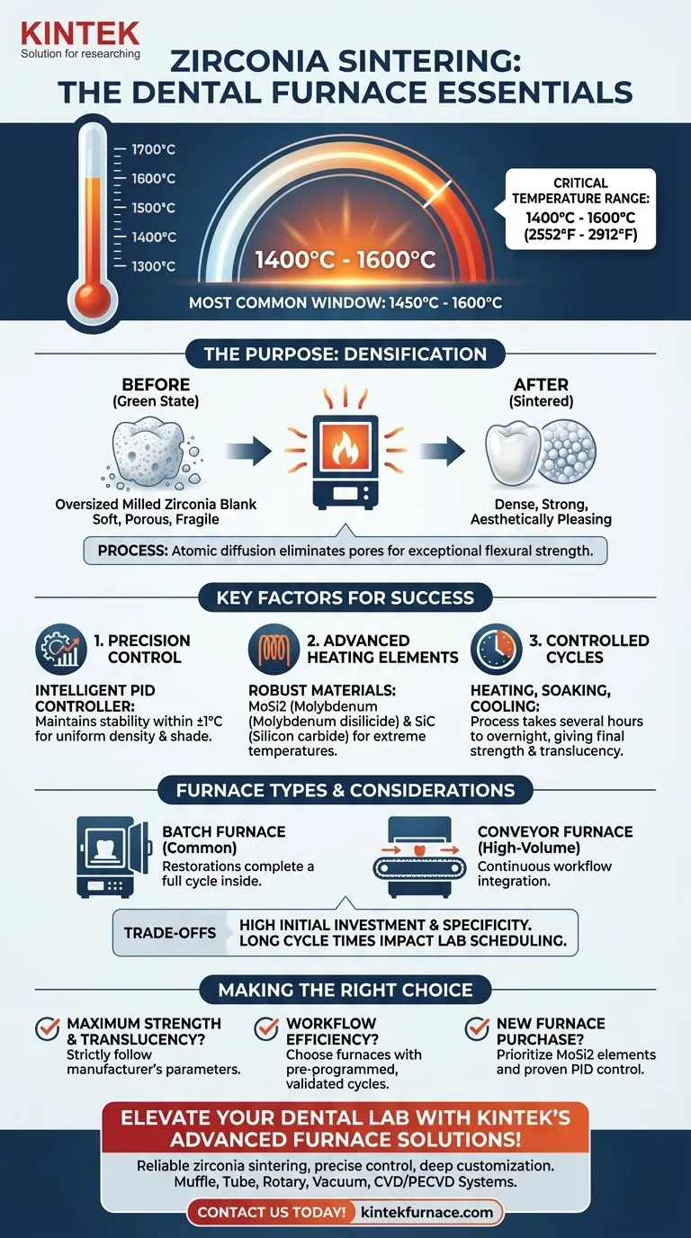 What temperature range is typically required for sintering zirconia in dental furnaces? Achieve Dense, Strong Dental Restorations Visual Guide