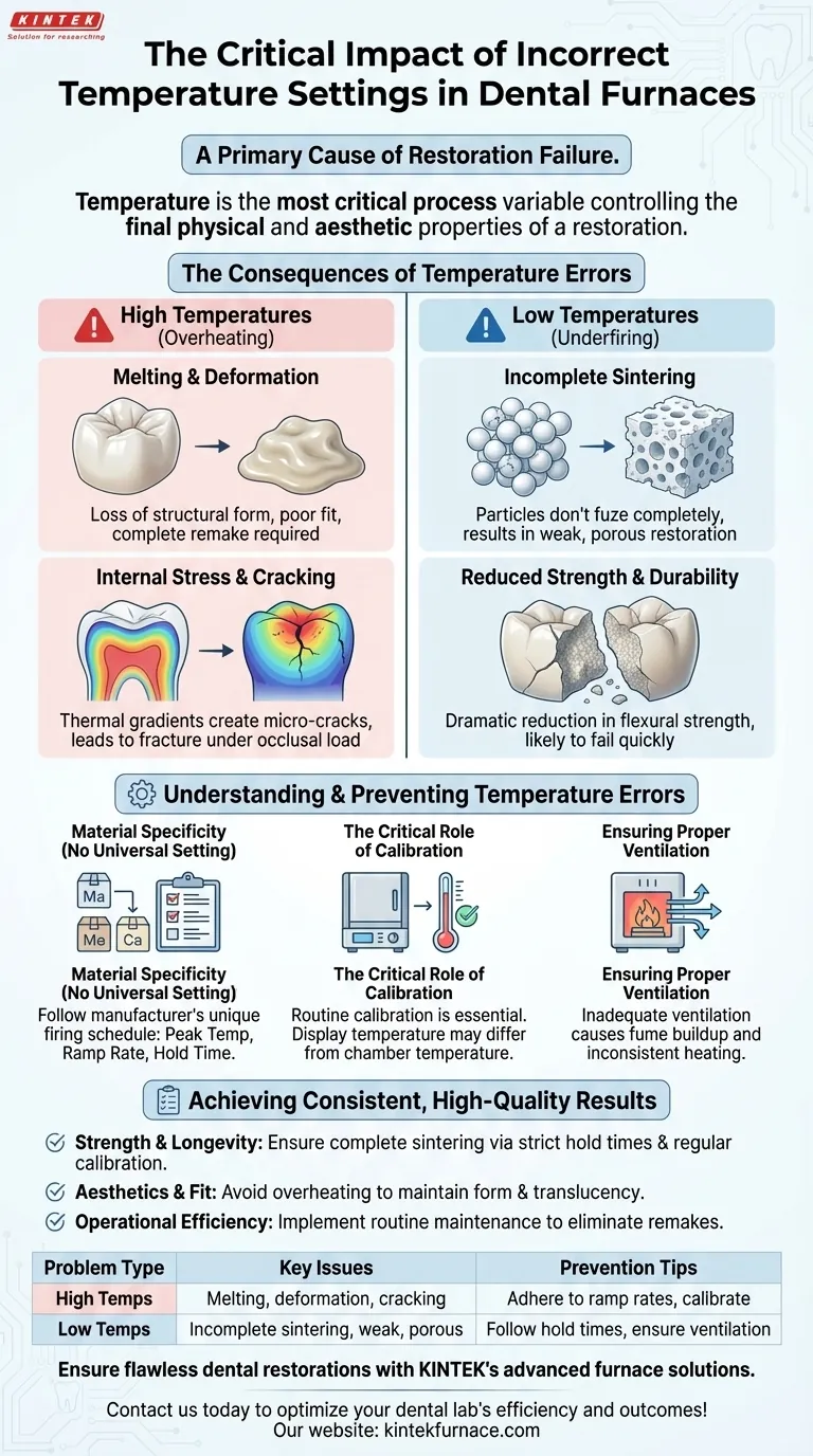 Que problemas podem surgir de configurações incorretas de temperatura em fornos odontológicos? Evite Falhas de Restauração com Precisão Guia Visual