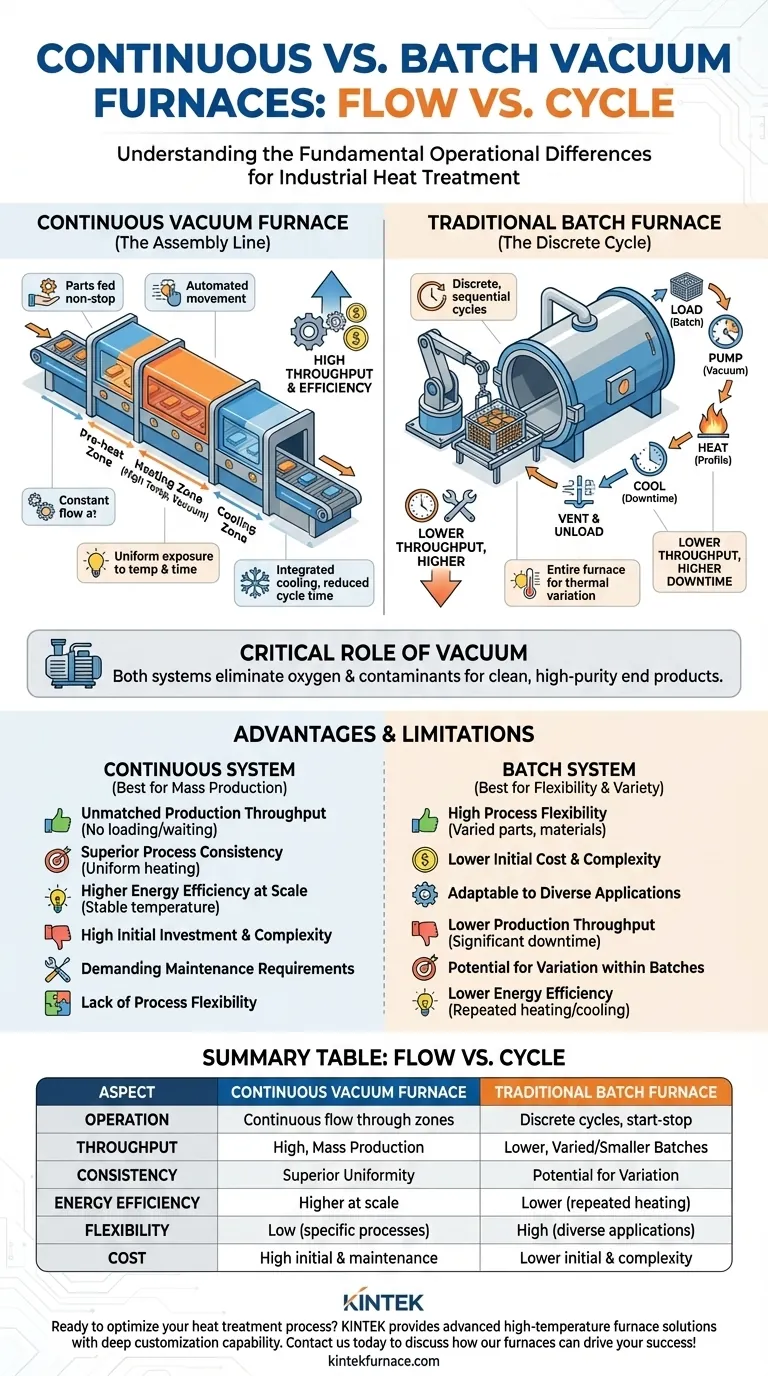 What is a continuous vacuum furnace and how does it differ from traditional batch furnaces? Boost Your High-Volume Production Efficiency Visual Guide