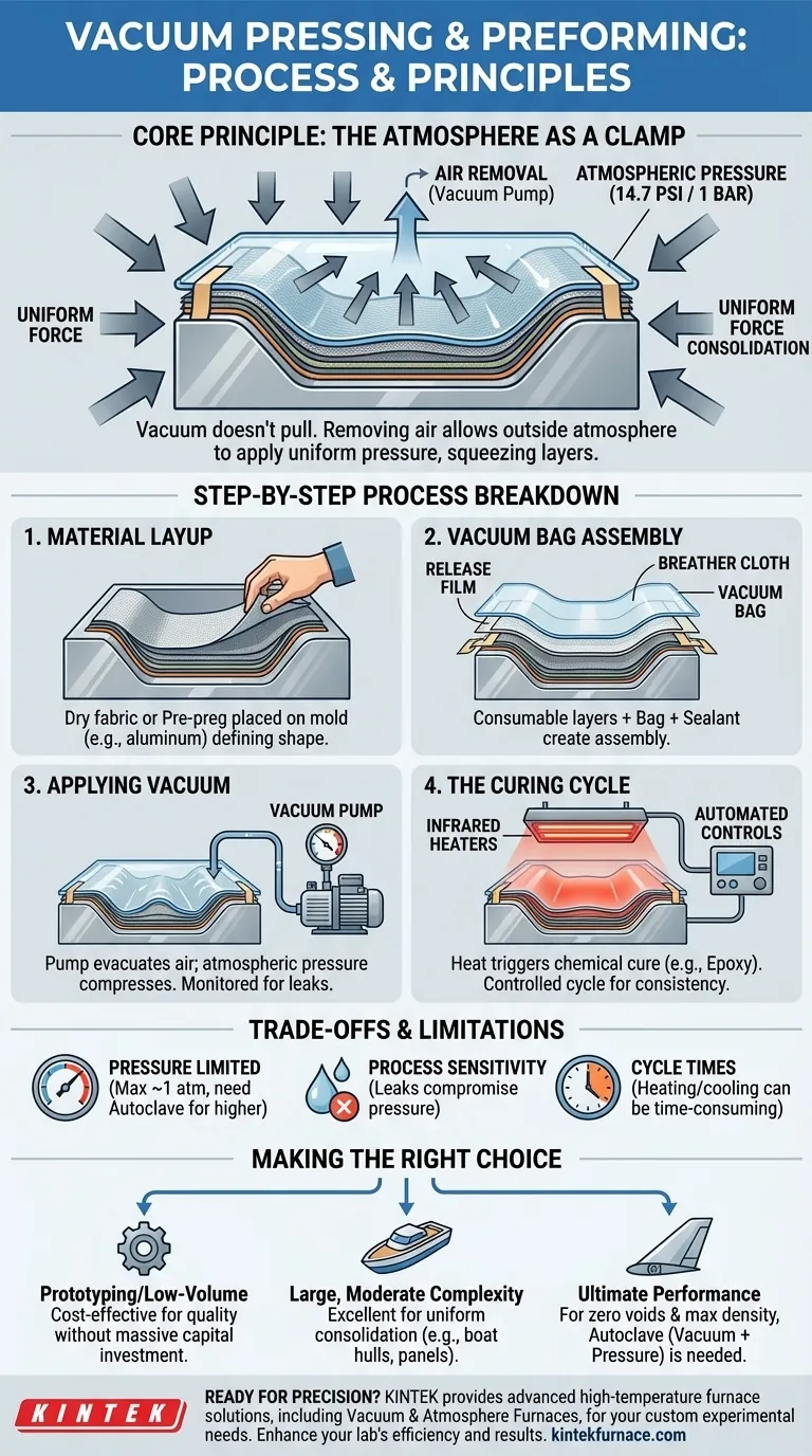 Quali processi vengono utilizzati per la pressatura sottovuoto e la preformatura di tessuti e materiali fibrosi? Master Consolidamento Uniforme per Compositi Guida Visiva