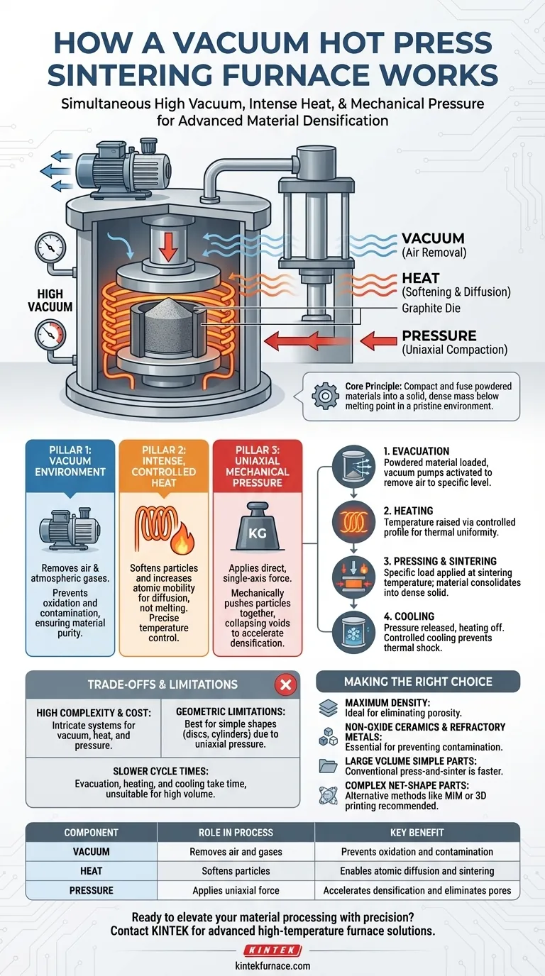 Qual è il principio di funzionamento di un forno di sinterizzazione a pressa a caldo sottovuoto? Creazione di Materiali Densi al Massimo Guida Visiva