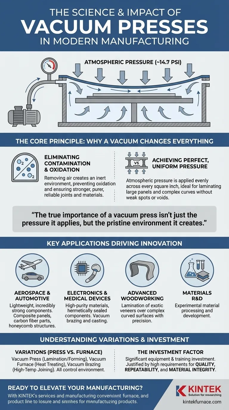 Was ist eine Vakuumpresse und warum ist sie in der modernen Fertigung wichtig? Erreichen Sie makellose Verbindungen und Präzision Visuelle Anleitung