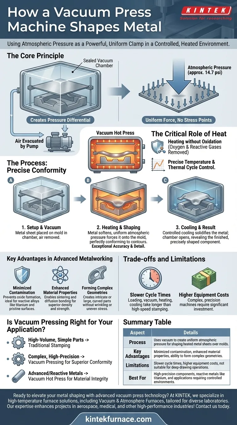 How does a vacuum press machine work in shaping metals? Achieve Precision Metal Forming with Uniform Pressure Visual Guide