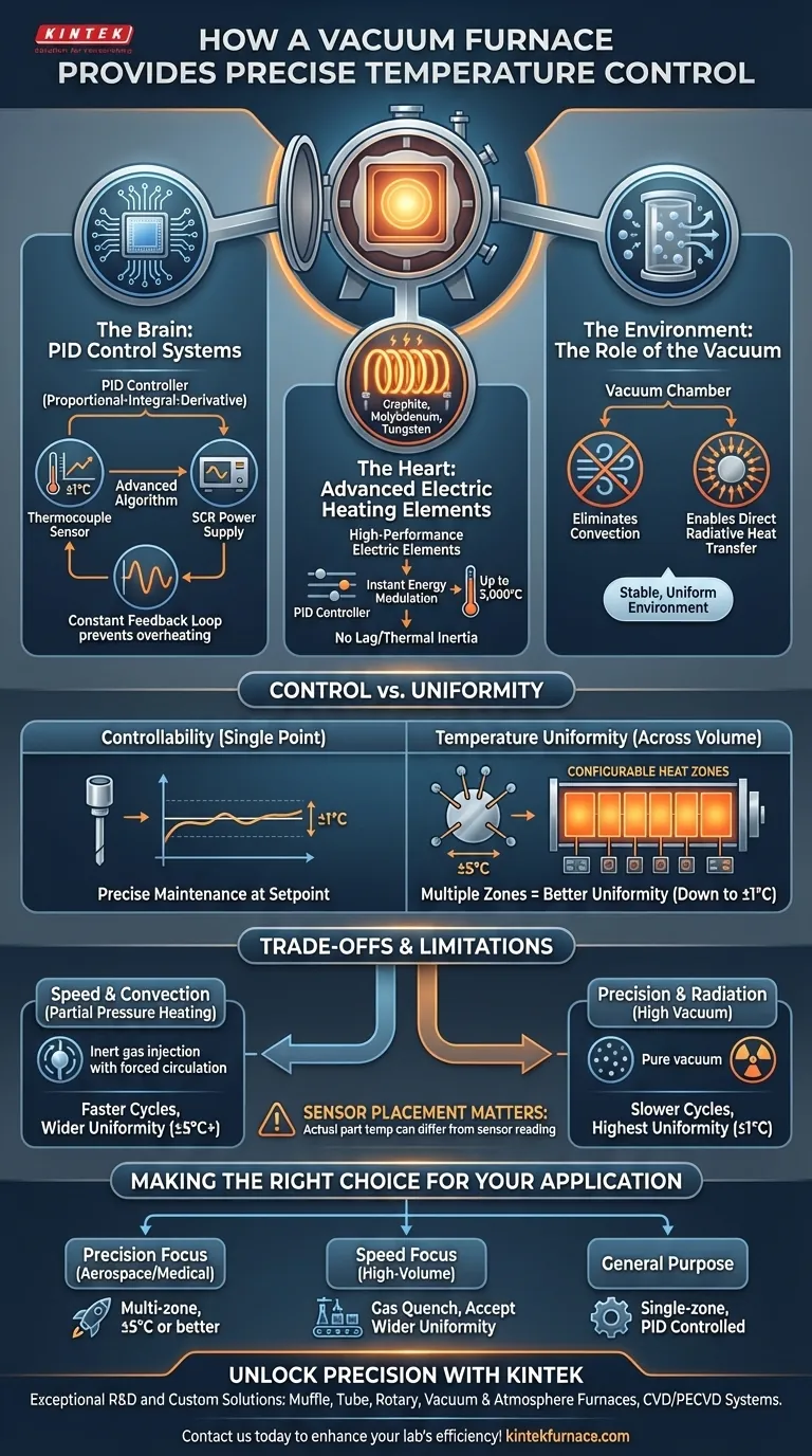 How does a vacuum furnace provide precise temperature control? Achieve Unmatched Thermal Accuracy for Your Lab Visual Guide