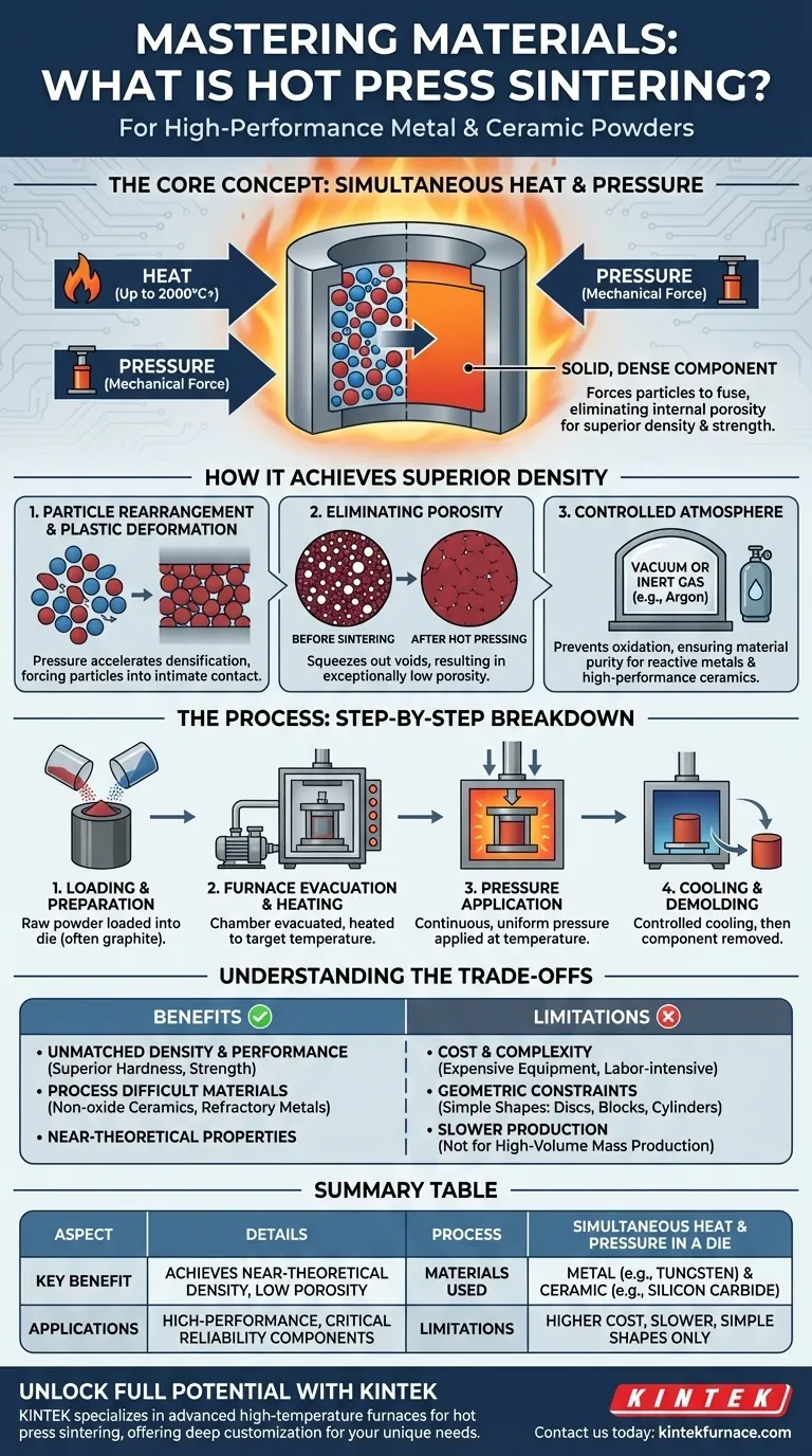 Che cos'è la sinterizzazione a pressa calda e come viene utilizzata con polveri metalliche e ceramiche? Ottieni Densità e Prestazioni Superiori Guida Visiva