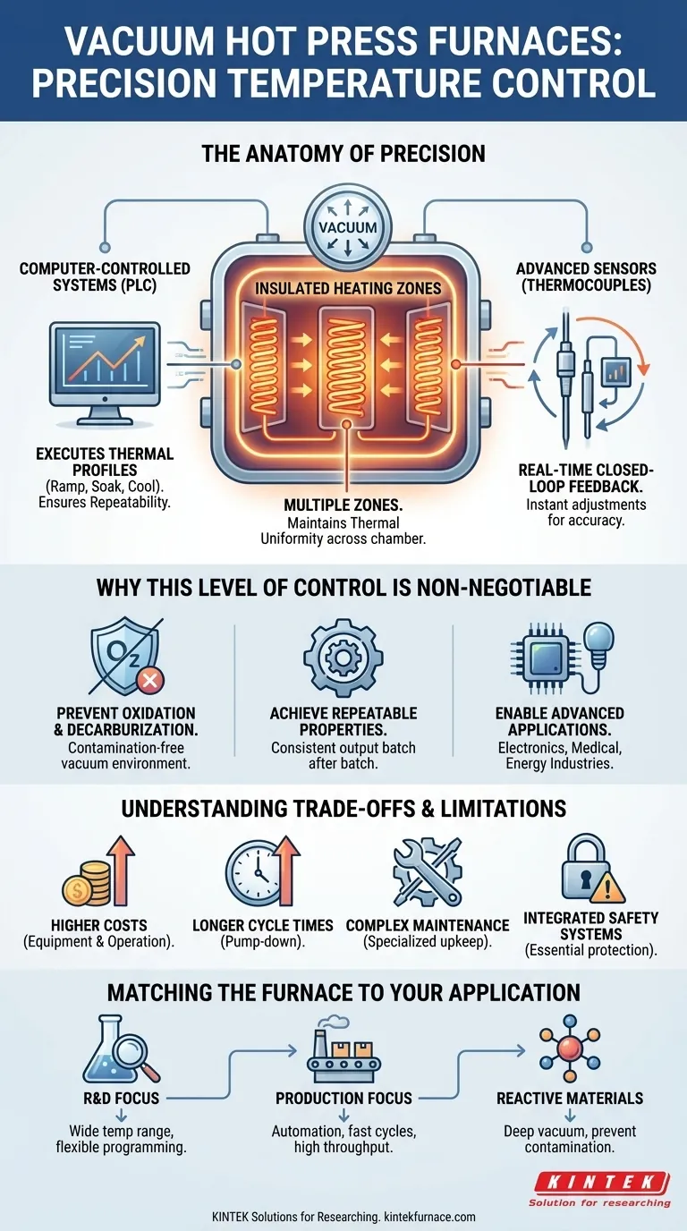 Quali caratteristiche di controllo della temperatura hanno i forni a pressa calda sottovuoto? Ottieni precisione nella lavorazione di materiali ad alta temperatura Guida Visiva