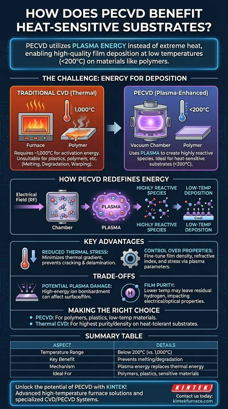 ¿Cómo beneficia el PECVD a los sustratos sensibles al calor? Habilitar la deposición de película a baja temperatura Guía Visual