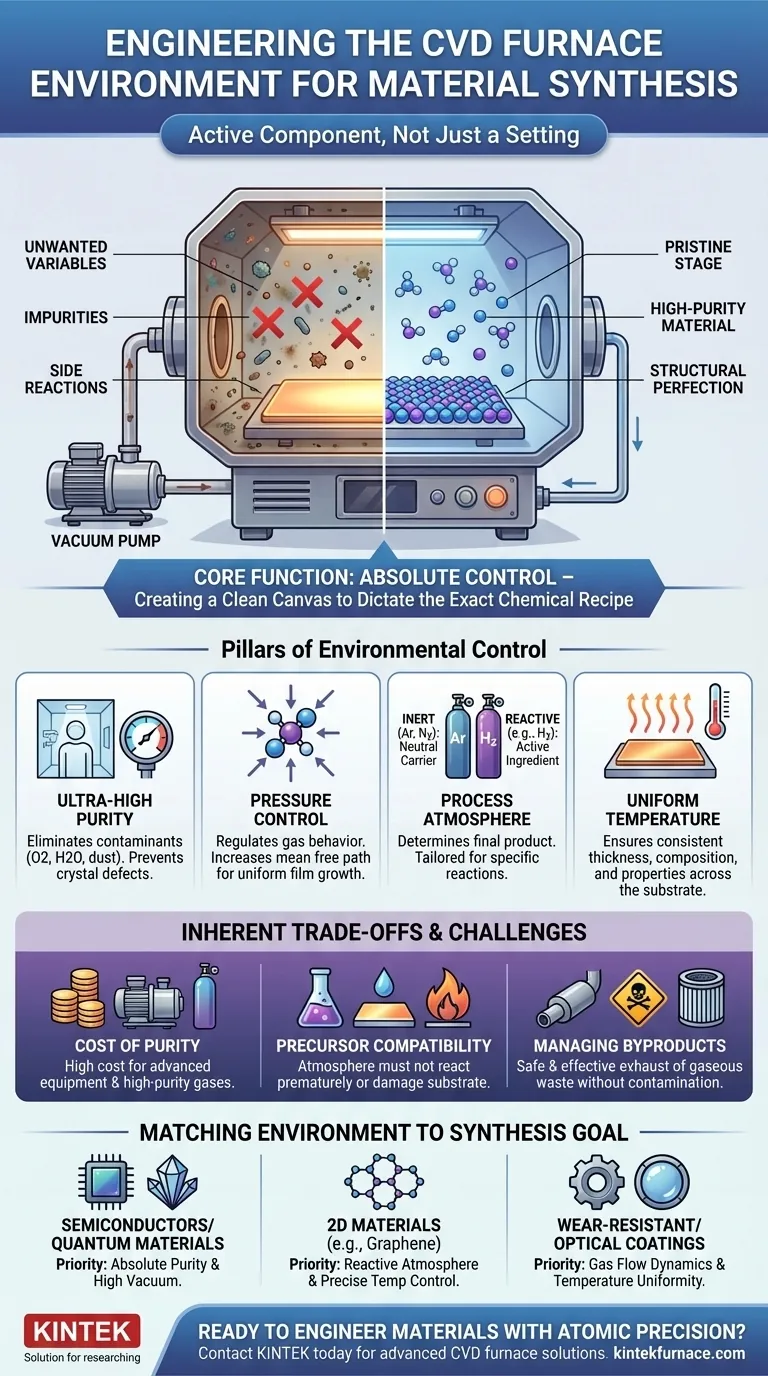 How does the environment inside a CVD furnace contribute to material synthesis? Achieve Atomic Precision in Material Engineering Visual Guide