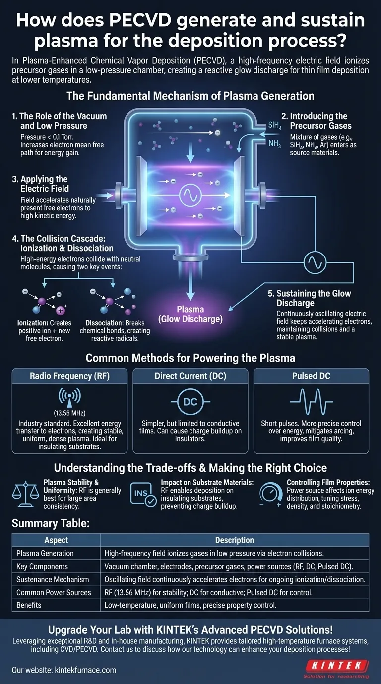 Como o PECVD gera e mantém plasma para o processo de deposição? Desvende a Deposição Eficiente de Filmes Finos Guia Visual