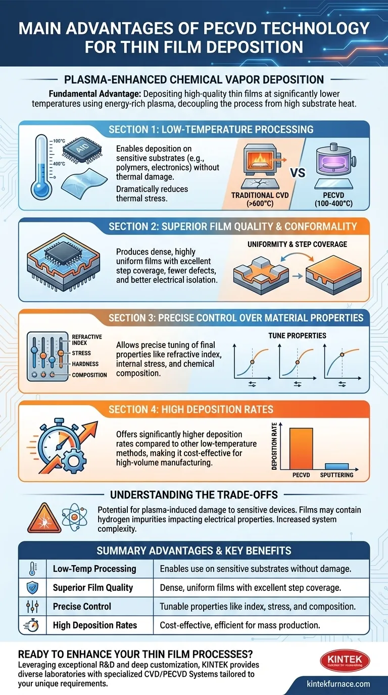 Quais são as principais vantagens do uso da tecnologia PECVD para deposição de filmes finos? Descubra Filmes de Baixa Temperatura e Alta Qualidade Guia Visual