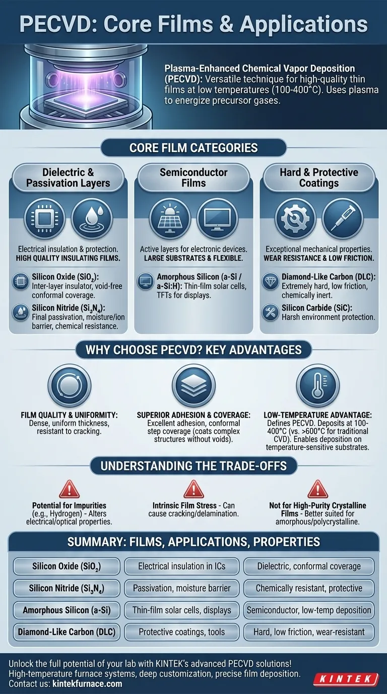 PECVD(플라즈마 강화 화학 기상 증착)는 일반적으로 어떤 유형의 박막을 증착하는 데 사용됩니까? 귀하의 응용 분야를 위한 다재다능한 박막을 발견하십시오 시각적 가이드