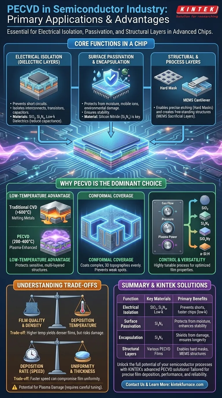 Was sind die primären Anwendungen von PECVD-abgeschiedenen Schichten in der Halbleiterindustrie? Wesentlich für elektrische Isolierung, Passivierung und Einkapselung Visuelle Anleitung
