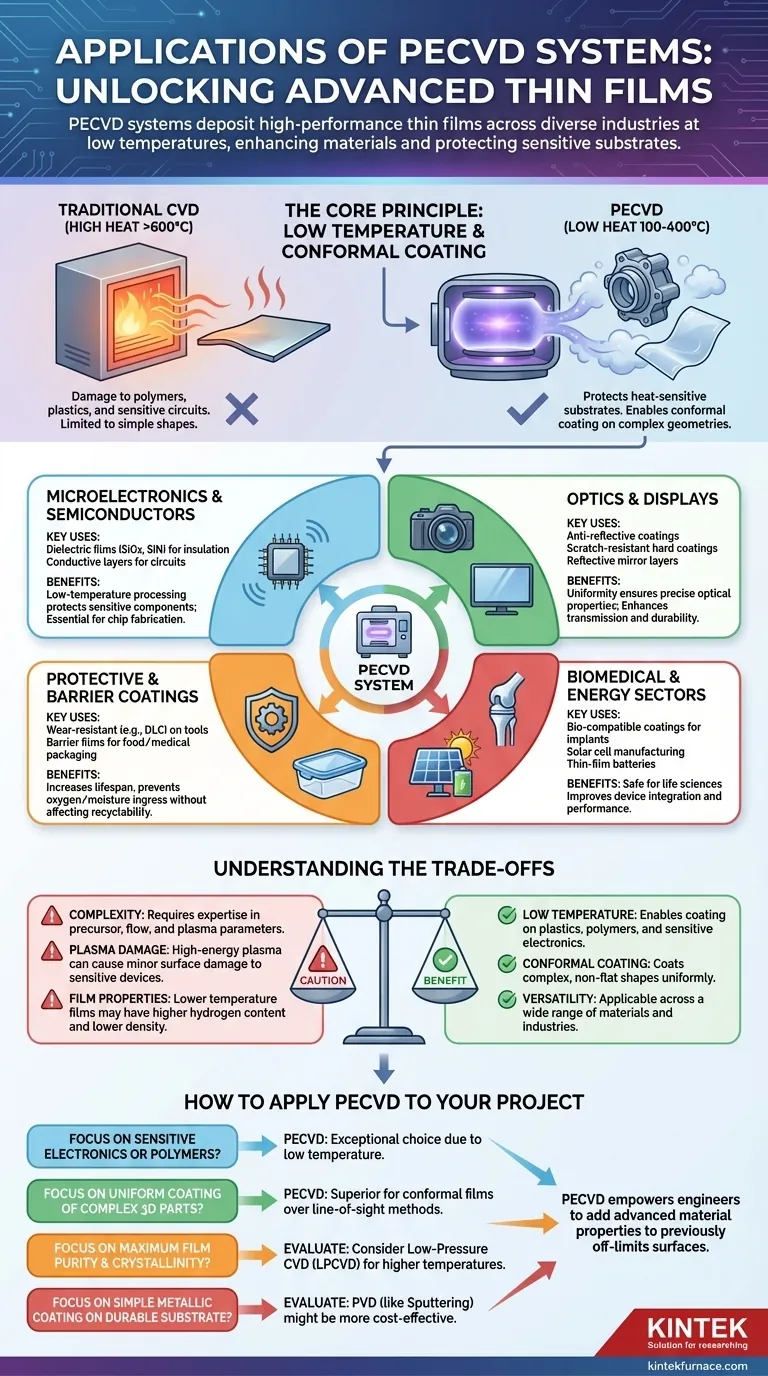 Quali sono alcune applicazioni dei sistemi PECVD? Scopri soluzioni versatili per film sottili per il tuo settore Guida Visiva